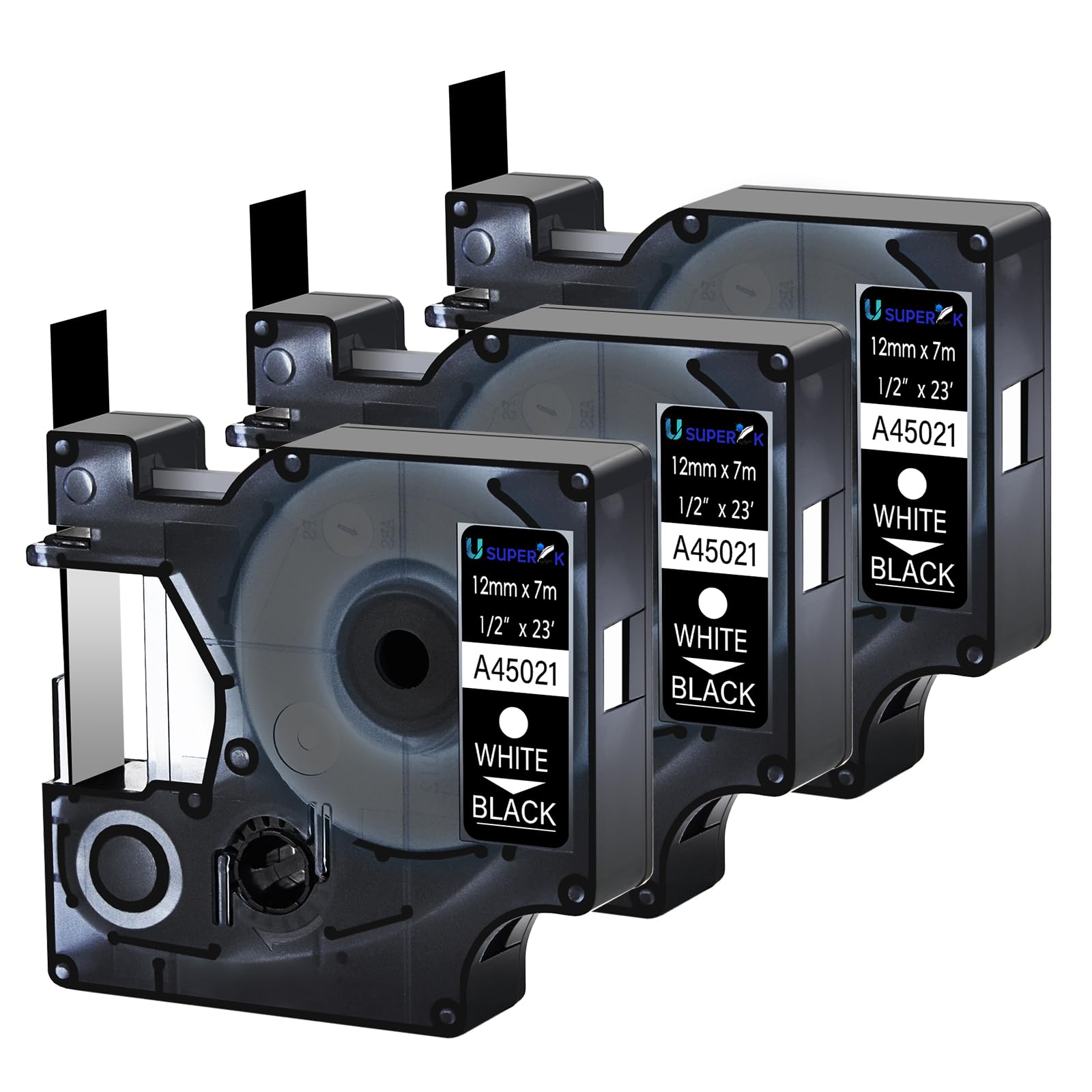 SuperInk3PK White on Black Label Tape Compatible for DYMO D1 45021 (1/2Inch x 23Feet) LabelManager 120P 210D 260P 360D 420P Series Printer