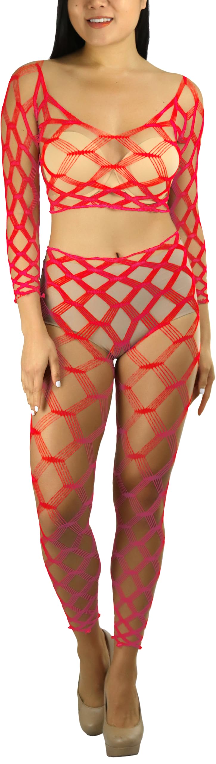 ToBeInStyle Women's Spandex Multi Net Fishnet Set Rave Novelty Party Crop Top &amp; Tights