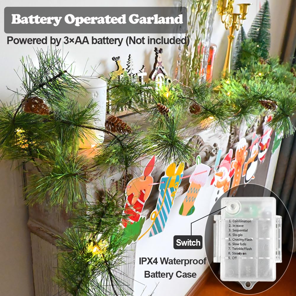HamiFinee Ghirlanda natalizia con 60 luci LED a forma di fata, 1,2 m, a batteria, con pigne artificiali, ghirlanda rustica con pigne, per decorazioni natalizie e casa