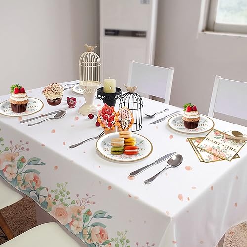 Miniatura 7 de Paquete de 6 manteles rectangulares desechables de plástico con diseño floral de primavera (108 x 54 pulgadas), manteles florales rosas para