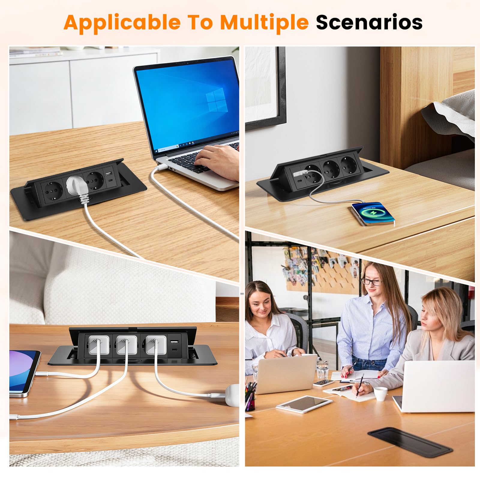 Enchufe para encimera de cocina, mesa de mesa, enchufe retráctil negro con USB, aluminio para escritorio, enchufe de mesa retráctil para sala de conferencias, hogar u oficina, cable de 1,8 m
