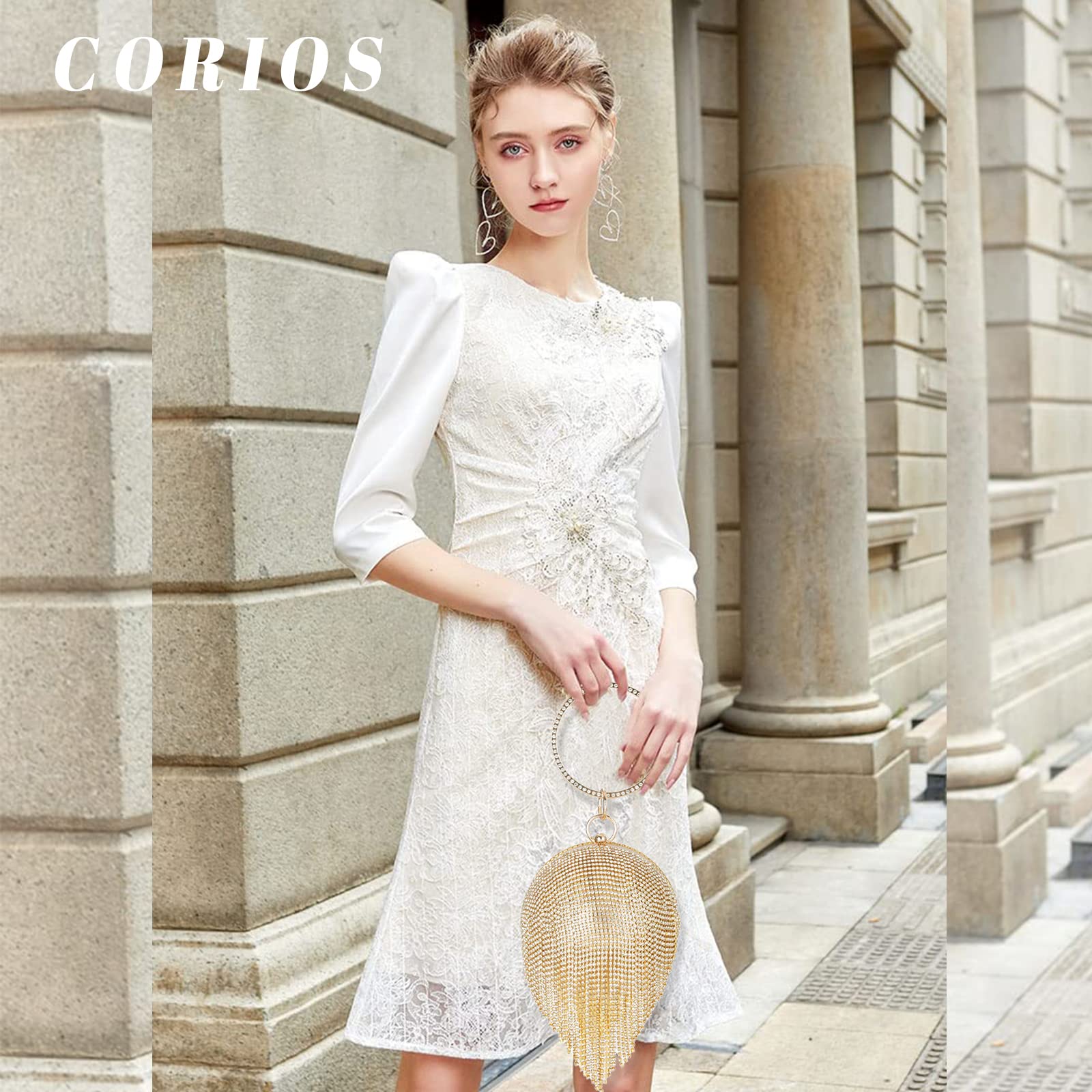 CORIOS Women's Evening Handbag Round Ball Crystal Clutch Purse Sparkly Sequin Glitter Shoulder Bag Banquet Bag Bridal Wedding Purse Crossbody Bag for Wedding Banquet Prom Cocktail Party Gold