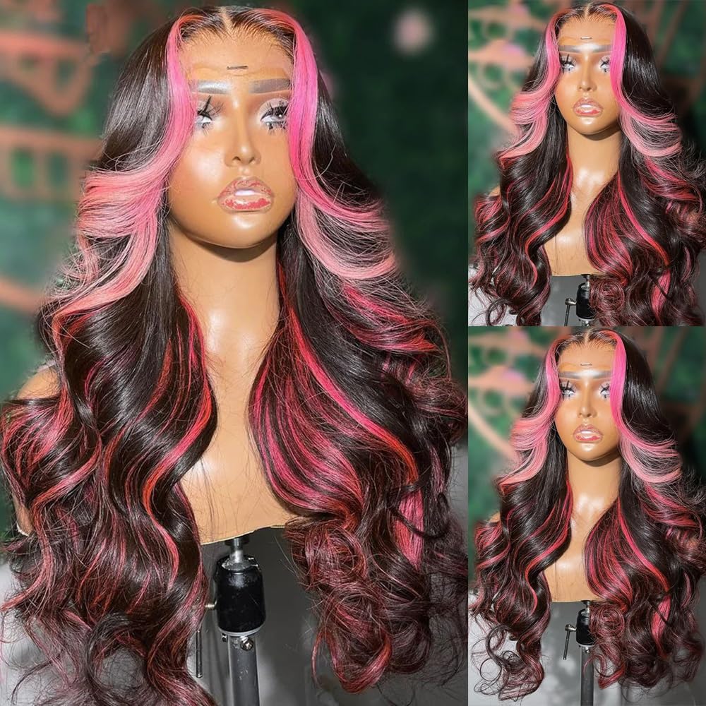 SISIFIRE Pink Highlight Lace Front Wigs for Women Pre-plucked Hairline Glueless 13X4 Inch Synthetic Lace Front Wig with Baby Hair Long Loose Body Wave
