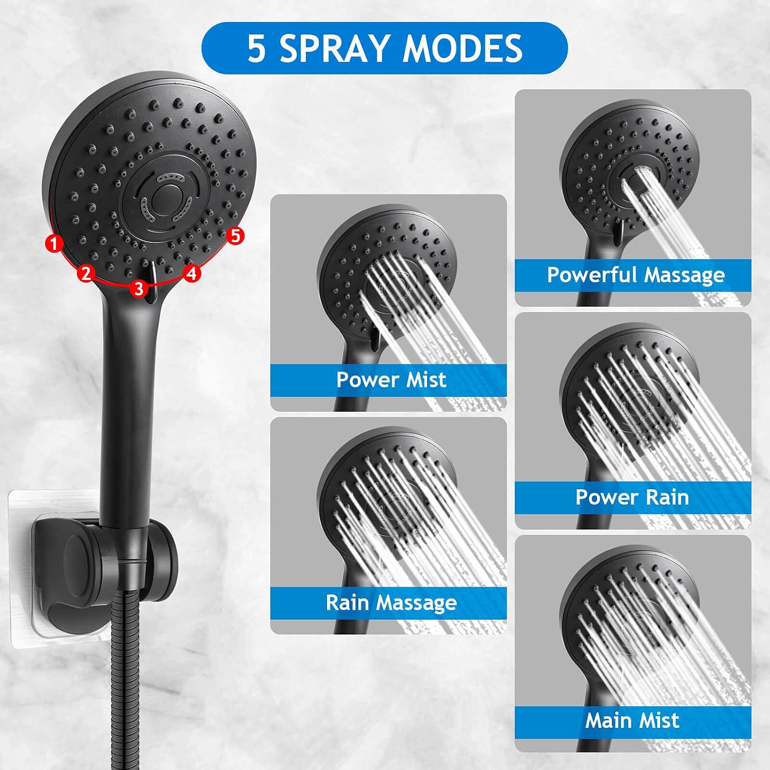 Shower Head Combo,8 Inch High Pressure Round Rain Shower Head with 11 Inch Adjustable Extension Arm and 5 Settings Handheld Shower Head,Powerful Shower Spray Against Low Pressure Water - Matte Black