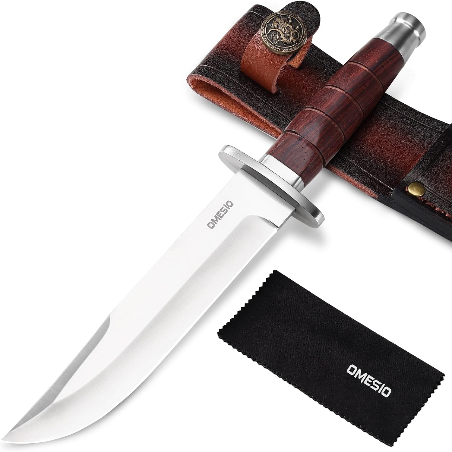 Omesio Hunting Knife with Sheath, Fixed Blade Full Tang 10.83'' Outdoor Hunting Knife 5Cr14MoV Blade, Comfortable Rosewood Handle with Leather Sheath for Camping, Outdoor, Survival & Gift