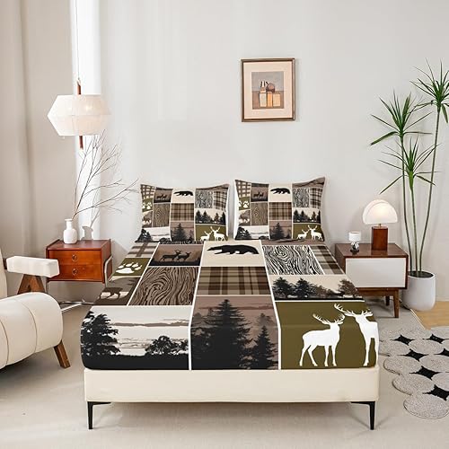 Miniatura 296 de Sábana bajera ajustable de oso de caza, juego de ropa de cama a cuadros de búfalo, sábanas de retazos de cabaña rústica para niños, niños, Multi