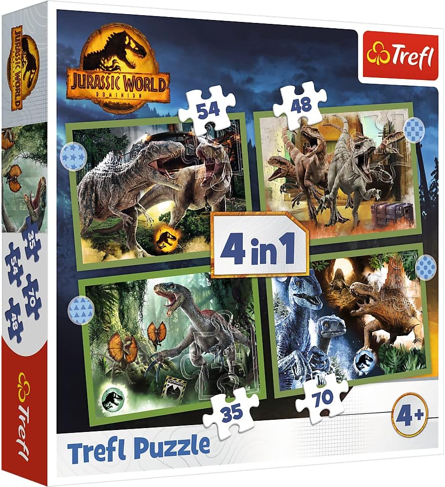 Trefl 4in1, 35 to 70 Pieces Dinosauri, Jurassic Park, Diversi Gradi di Difficoltà, per Bambini dai 4 anni Puzzle, Colore World Dominion, Pericolosi, 34607