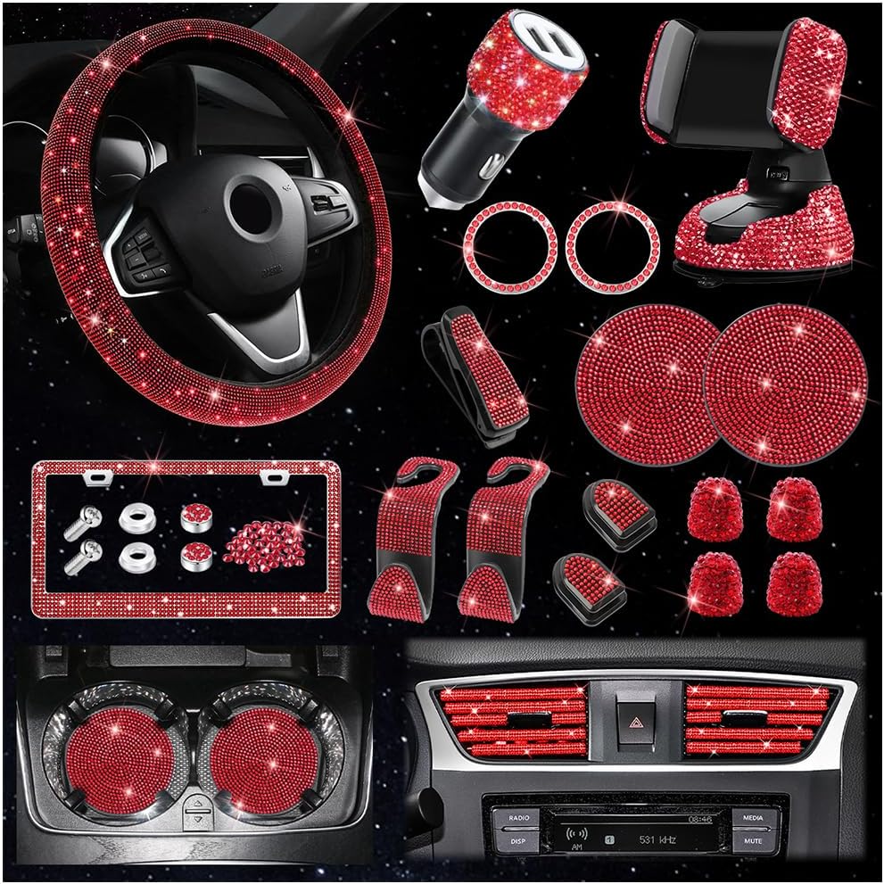27PCS Bling Car Accessories Set for Women, 15 Inch Reinestone Crystal Steering Wheel Covers License Plate Frame USB Charger Phone Holder Coasters, Vehicle Decorations, Universal Fit（Red）