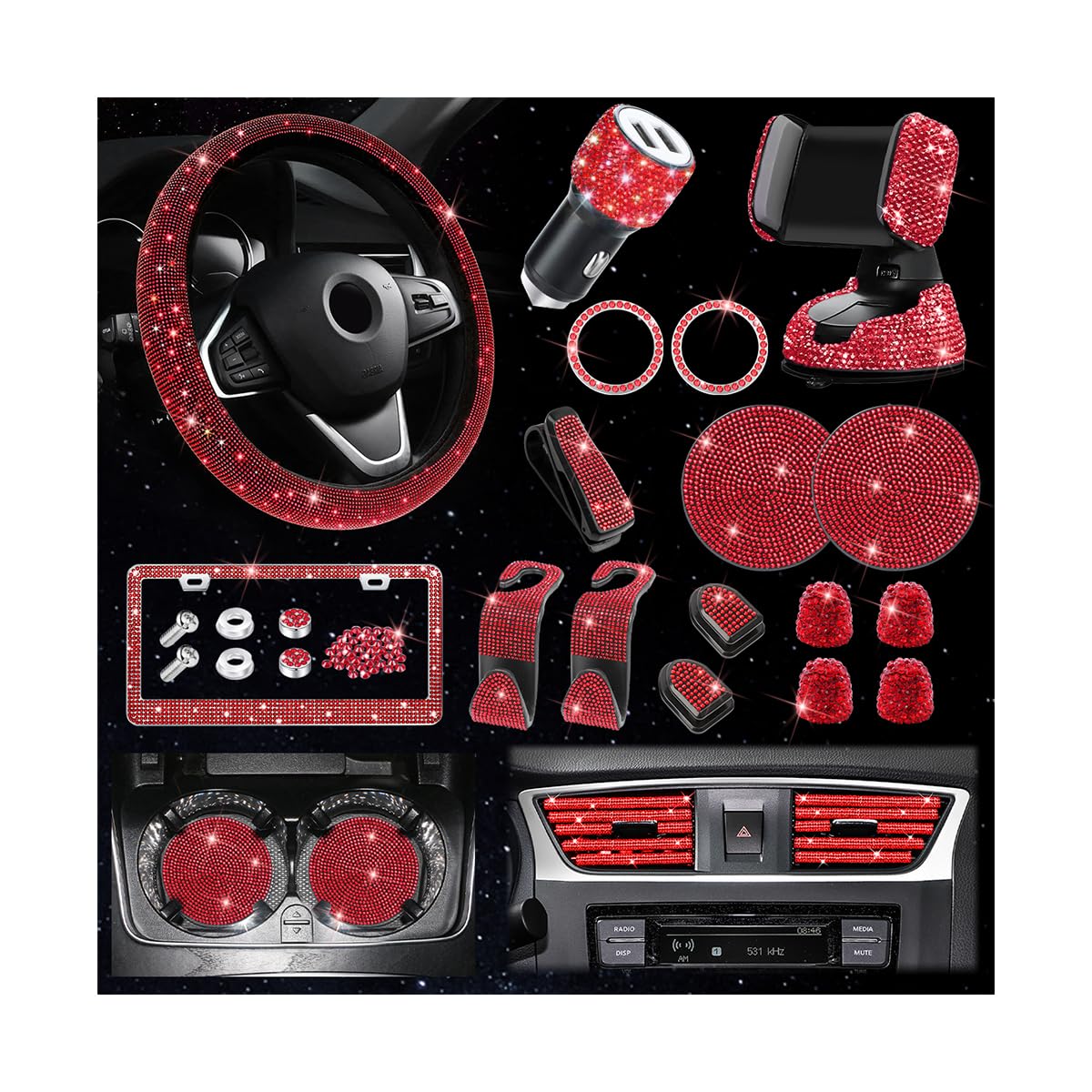 27PCS Bling Car Accessories Set for Women, 15 Inch Reinestone Crystal Steering Wheel Covers License Plate Frame USB Charger Phone Holder Coasters, Vehicle Decorations, Universal Fit（Red）