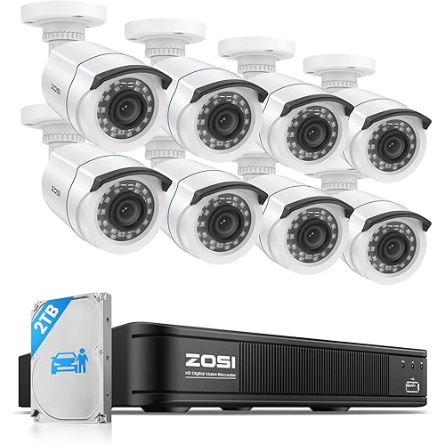 ZOSI 1080P H.265+ Home Security Camera System with AI Human Vehicle Detection, 5MP 3K Lite 8 Channel CCTV DVR Recorder with 2TB Hard Drive and 8 x 1080p Surveillance Bullet Camera Outdoor Indoor