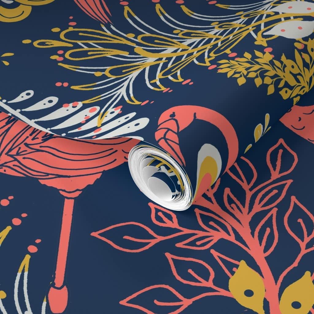 Removable Wallpaper 6ft x 2ft - Flamingo Water Garden Flowers Floral Birds Animals Heart Love Custom Pre-Pasted Wallpaper by Spoonflower