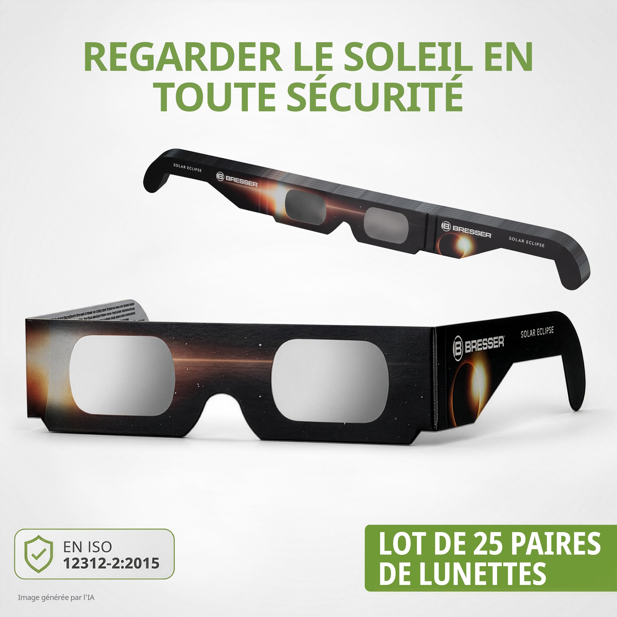BRESSER Lunettes Éclipse Solaire 25 Pièces, Observation Sûre du Soleil, EN ISO 12312 2:2015, Image Jaune Clair, Design B