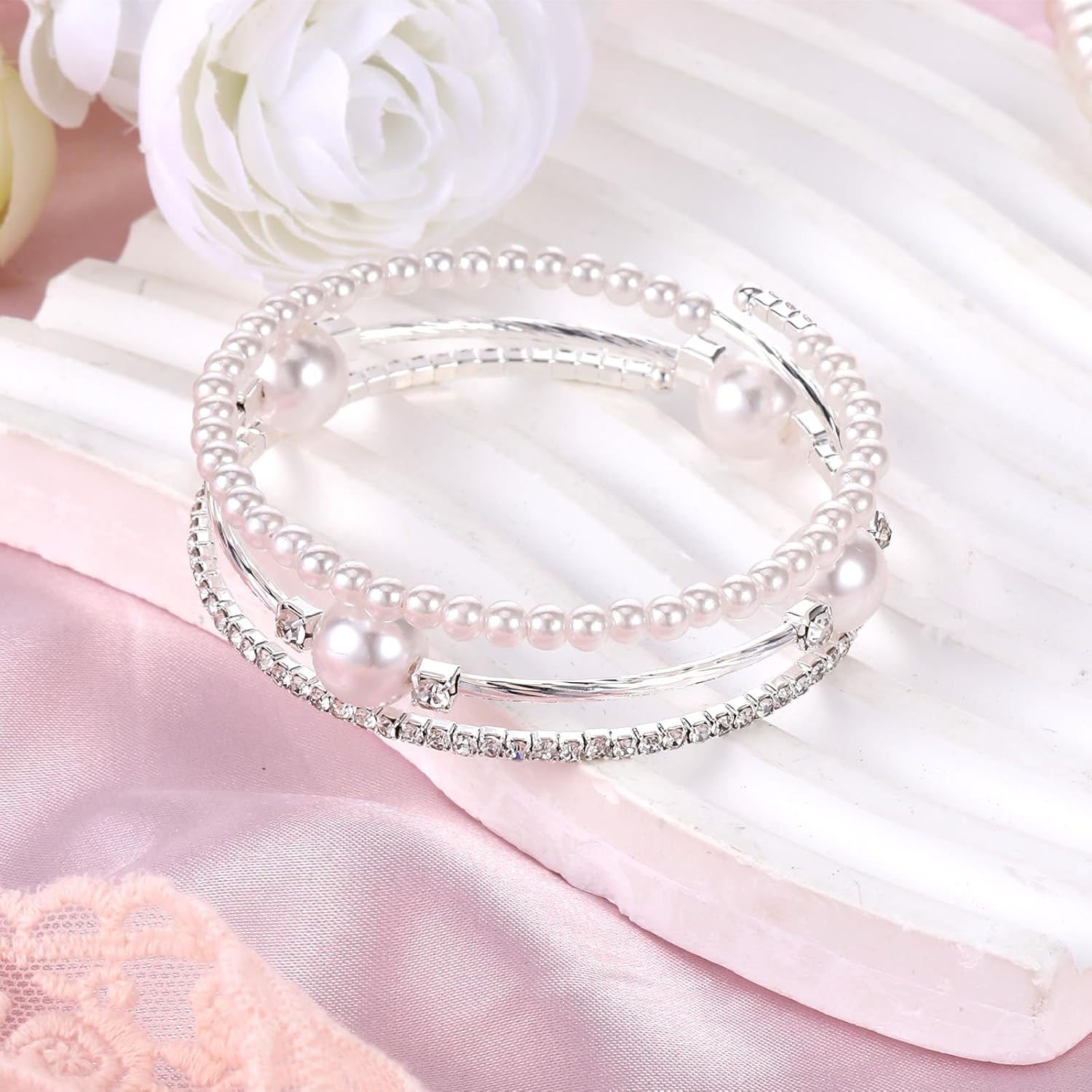 Silver Cuff Bracelets Pearl Rhinestone Bracelet for Women Stackable Bangle Bracelet Stretch Multilayer Bridal Wedding Layered Bracelets Jewelry Decoration - Image 4
