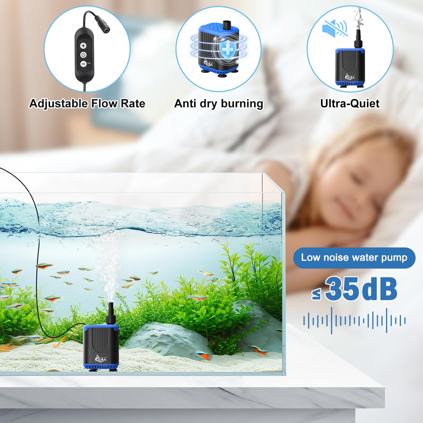 AQQA Aquarium Water Pump,DC12V 900L/H Submersible Water Pump with Controller,4-Flow Adjustable,Feeding Mode,10W Quiet Mini Pond Fountain Pumps to Empty Fish Tank,for Aquarium Pond,Garden,Fountain - Image 2