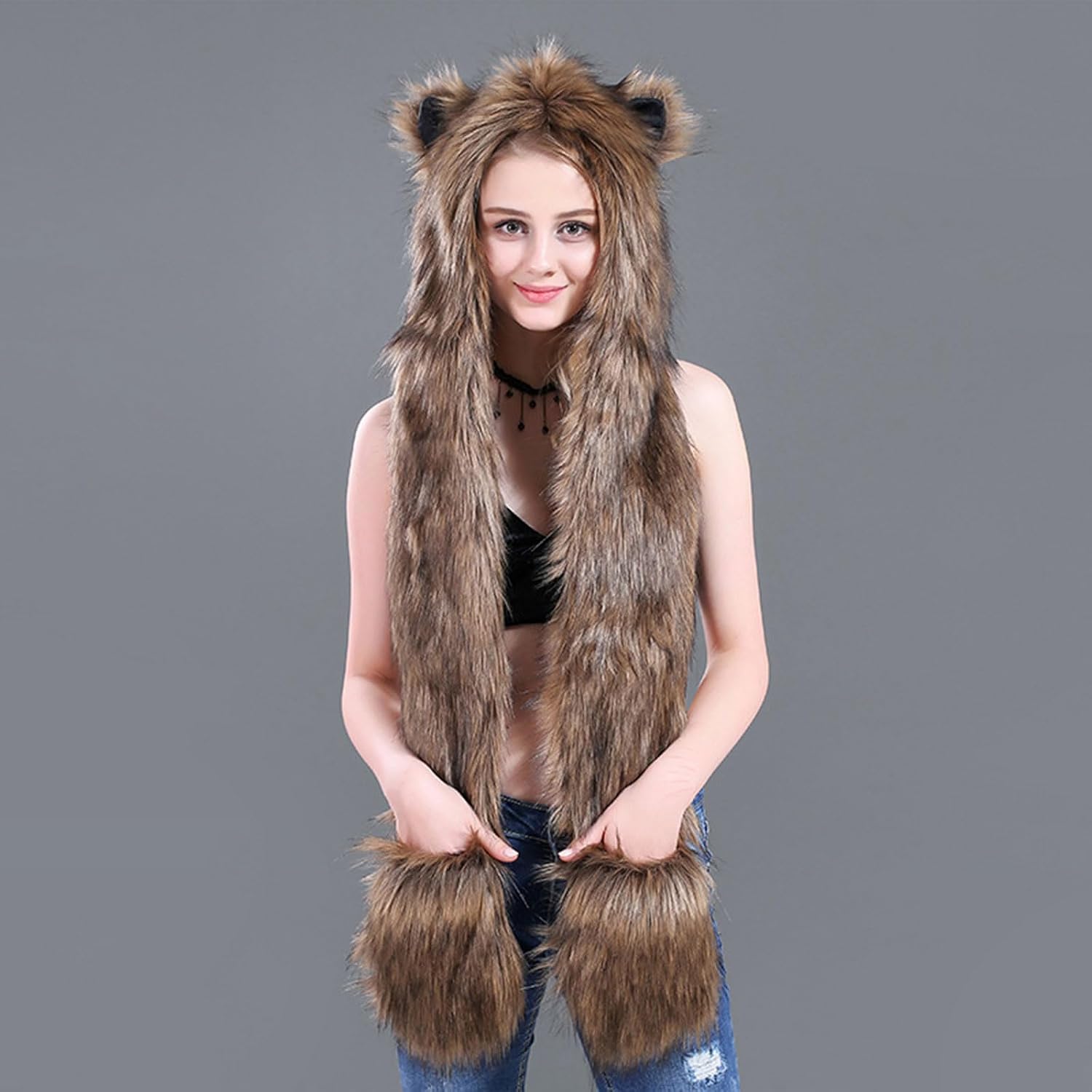 3in1 Plush Hat for Winter Warm Pullover Scarf Gloves Hat Roleplay Costume Unisex Trapper for Cold Weather Plush Scarf