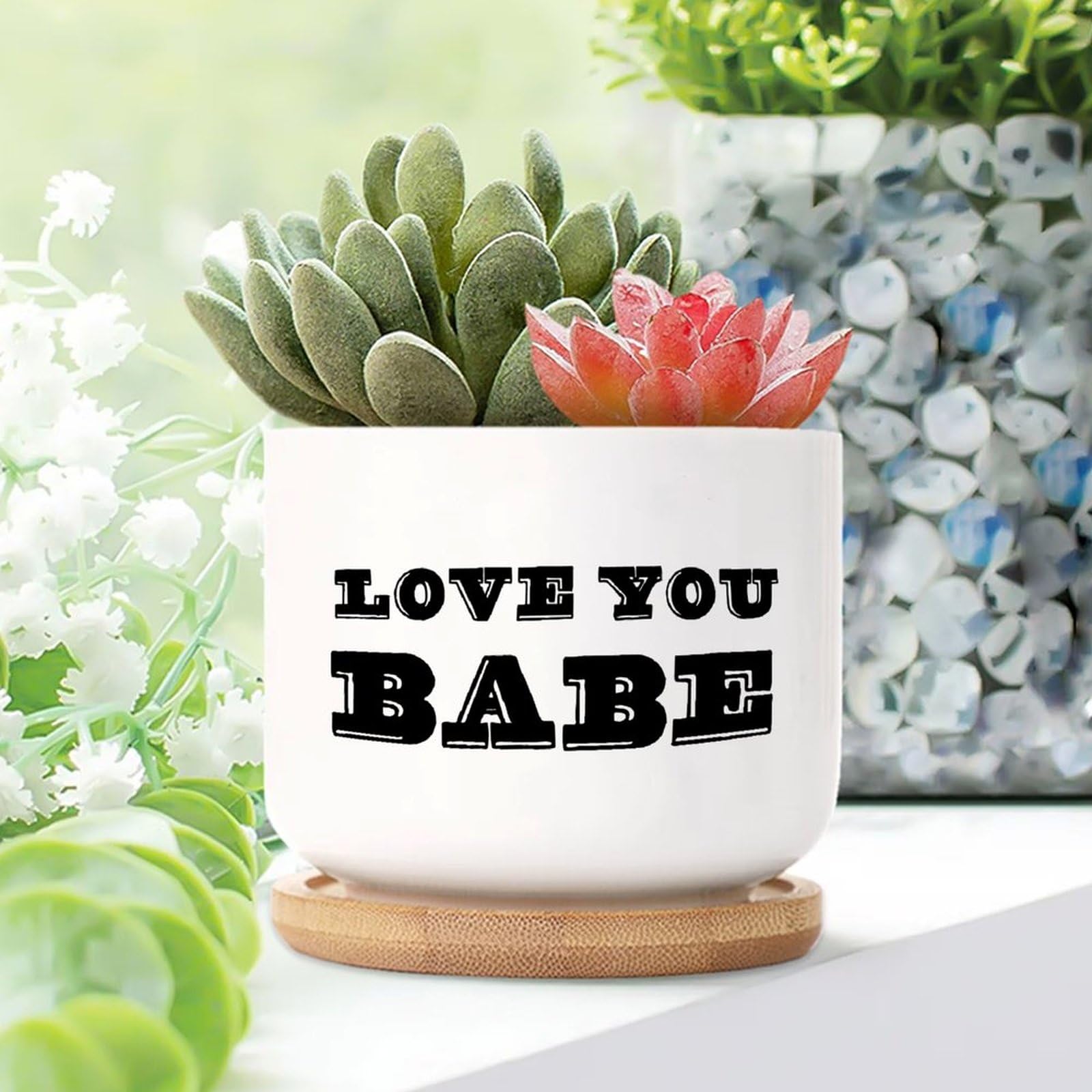 Love You Babe Ceramic Planters Motivational Quote Planters for Indoor Plants With Drainage Holes And Saucers Pot For Home Office Decoration