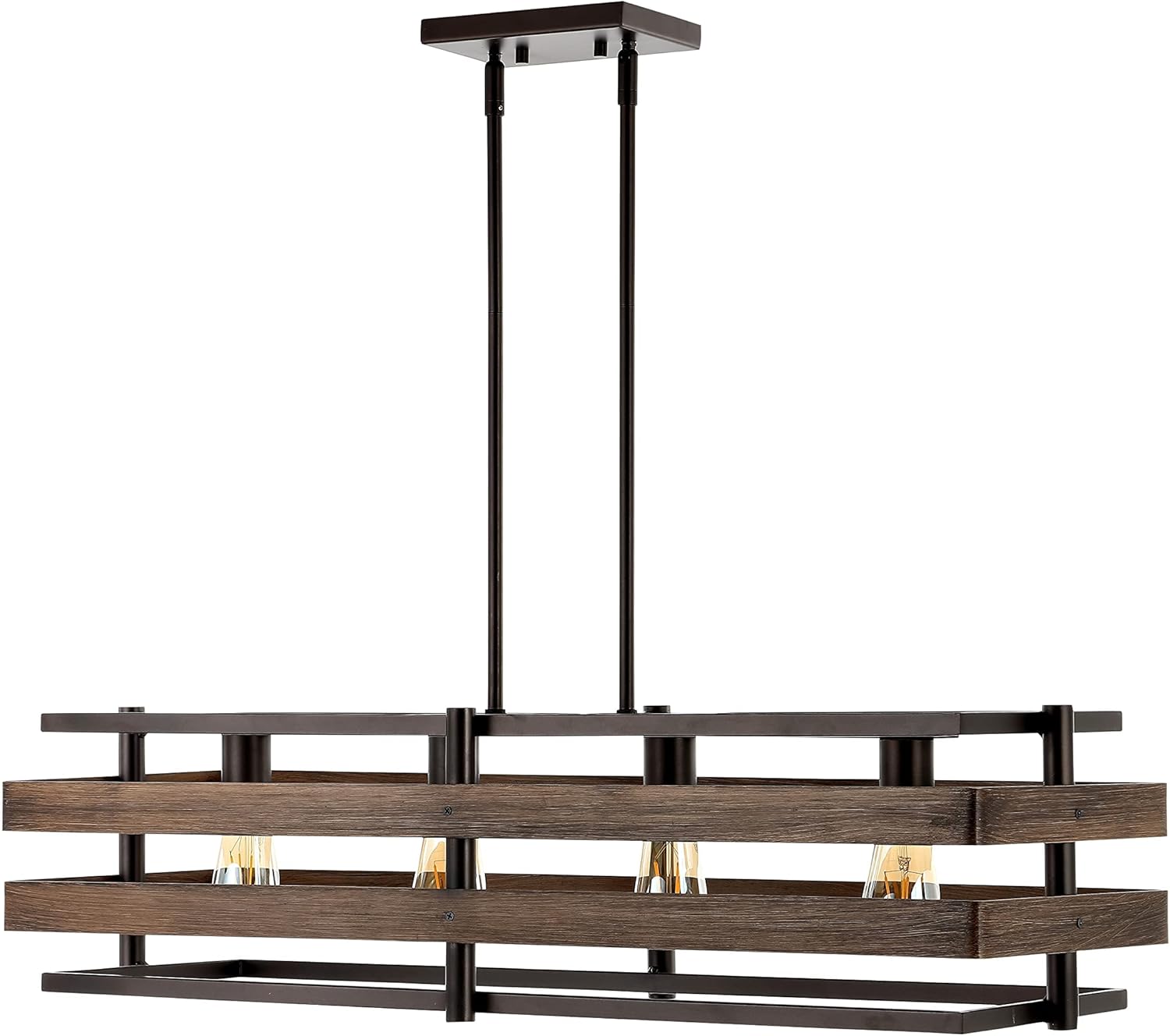 JONATHAN Y 34" Wood Finished Oil Rubbed Bronze 4-Light Iron Linear Pendant, Rustic Farmhouse Island Fixture for Dining Room Kitchen, Adjustable Height, LED Bulbs Included JYL1306A