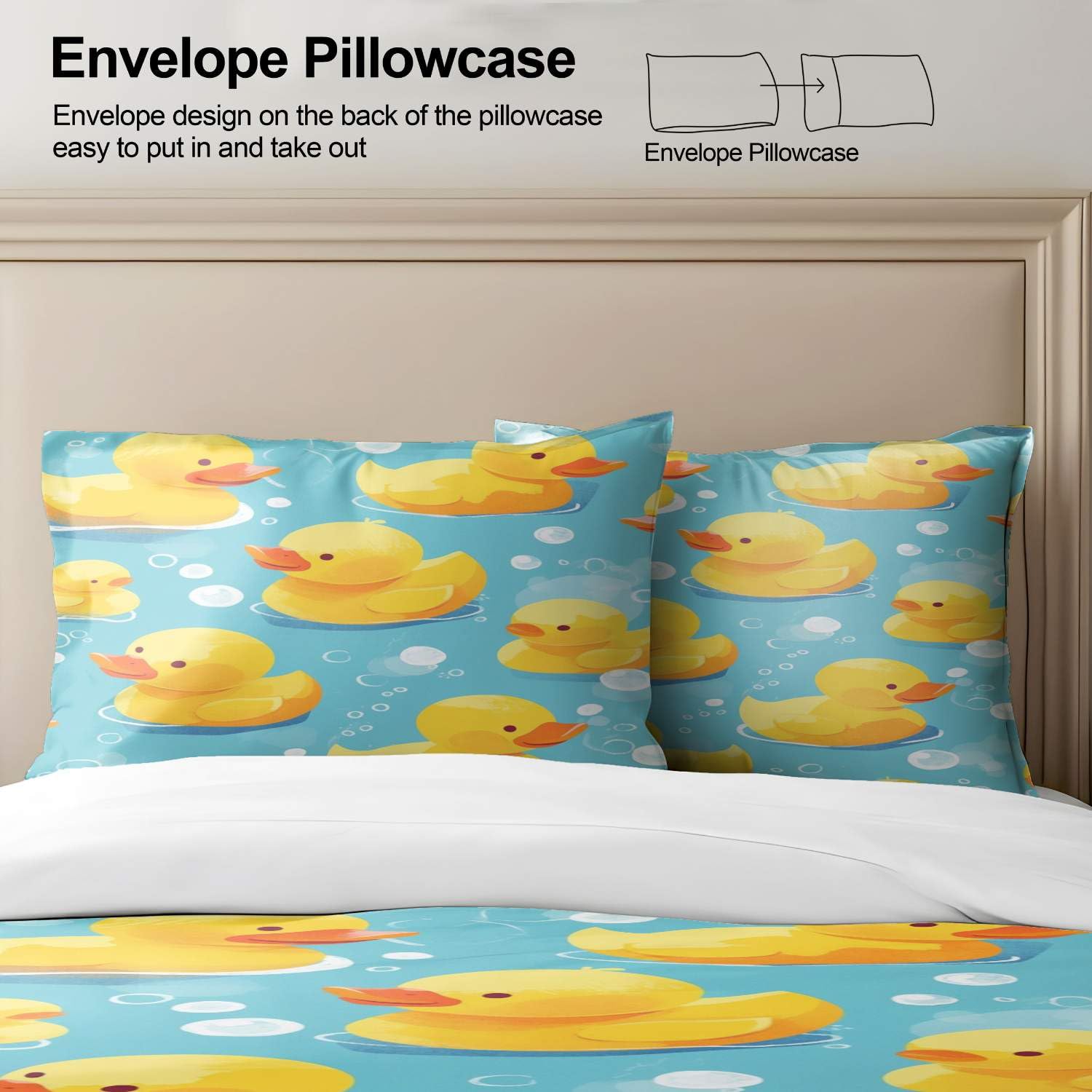 Juego de funda de edredón de pato de goma amarillo, tamaño King, juego de ropa de cama de estilo dibujos animados dibujados a mano, ropa de cama azul para cuna, decoración de habitación de niños