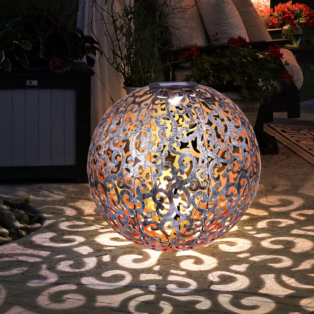 etc-shop Solarkugel für Außen Garten Deko Solarlampe orientalische Kugel Kugelsolarleuchten für Außen, Metall silber antik, LED 0,06W warmweiß, DxH 28,5x40 cm