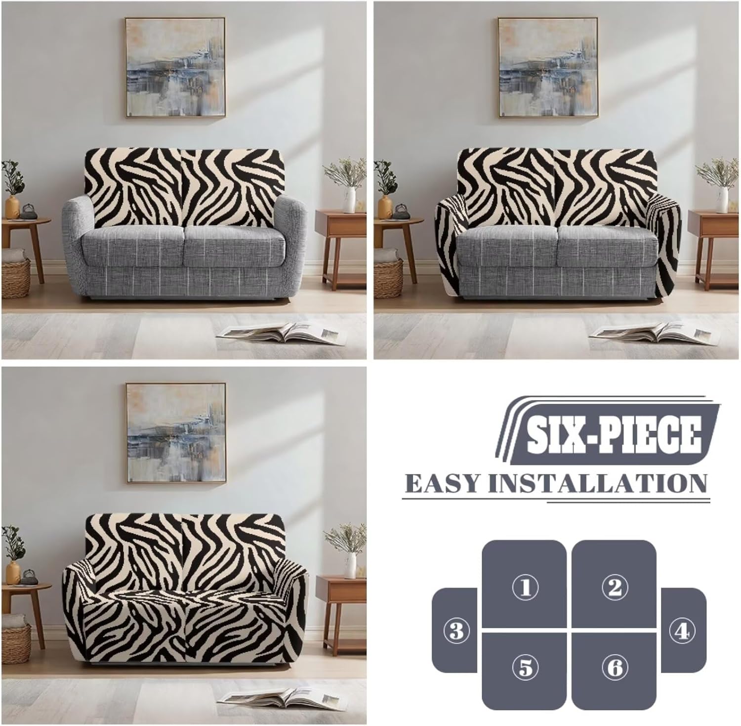 6 Pieces Reclining Loveseat Slipcover Anti-Slip Recliner Sofa Covers for 2 Cushion Couch, Machine Washable Recliner Loveseat Couch Slipcover for Pet Kids Dog, Zebra Print