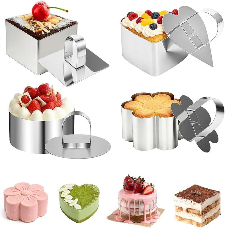 4 Piezas Aros de Pastel Mousse, Aro de Reposteria 8 cm, Conjunto de Aros de Pastel de Acero Inoxidable, Cocina para Postre Pastel Mousse Anillos (4 Formas)