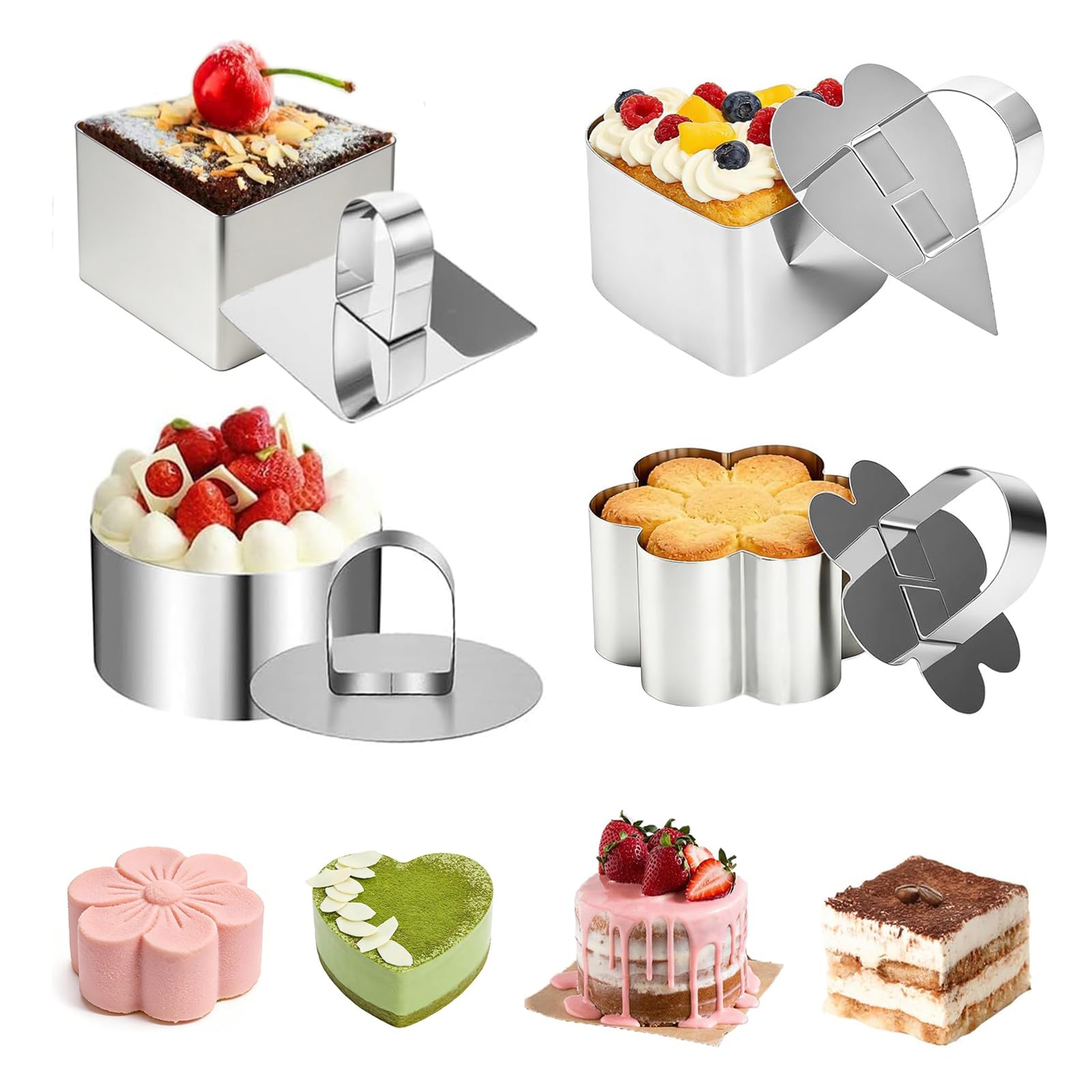 4 Piezas Aros de Pastel Mousse, Aro de Reposteria 8 cm, Conjunto de Aros de Pastel de Acero Inoxidable, Cocina para Postre Pastel Mousse Anillos (4 Formas)