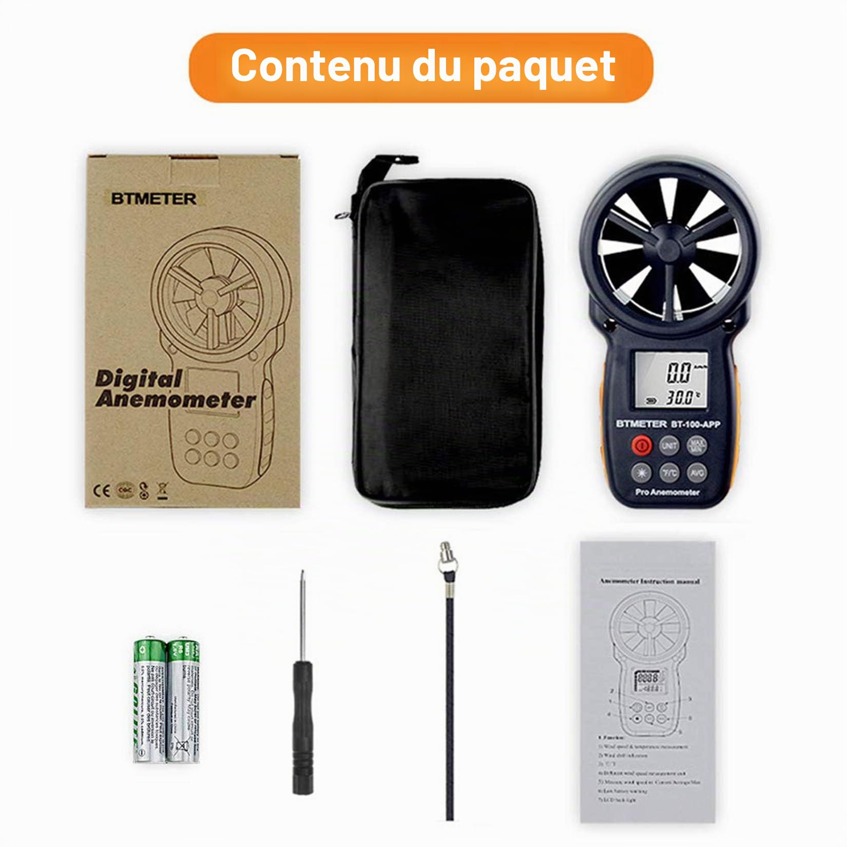 BTMETER Anémomètre numérique portable sans fil Bluetooth pour refroidissement éolien, vitesse, température BT-100APP