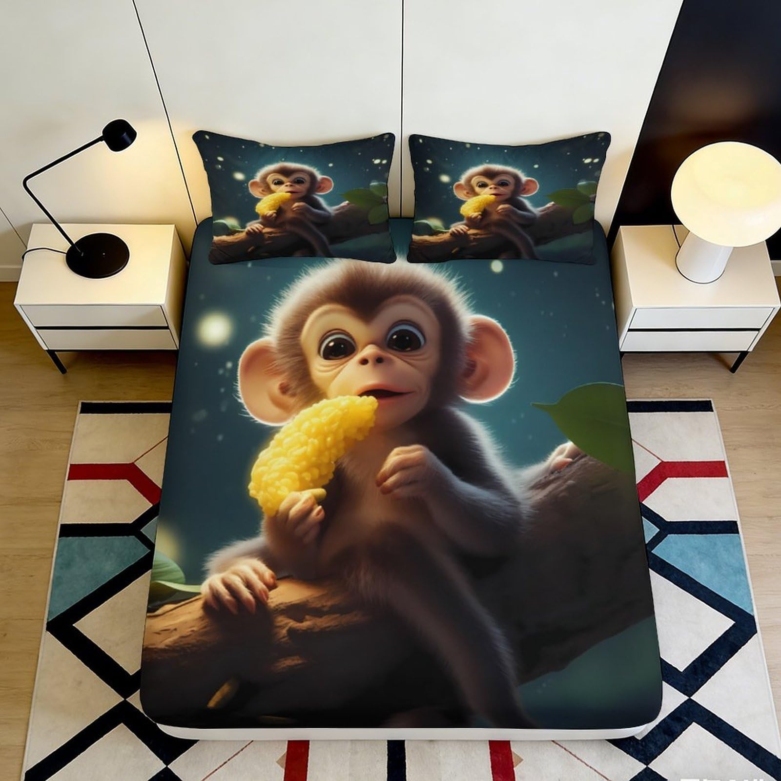 3D Printed Cute Monkey Fitted Sheet Microfiber Non-Slip Animal Forest Bed Cover for Bedroom Dorm Mattress Protection Decor 90x200x25cm