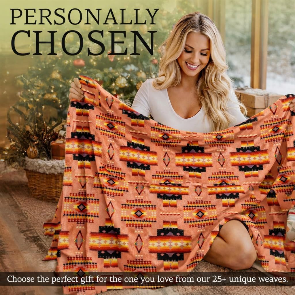 Sacred Thread Aztec Blanket Fleece, Reversible Native American Blanket, Western Throw, Native American Western (Peach Flannel), Queen (79”x95”) - Image 4