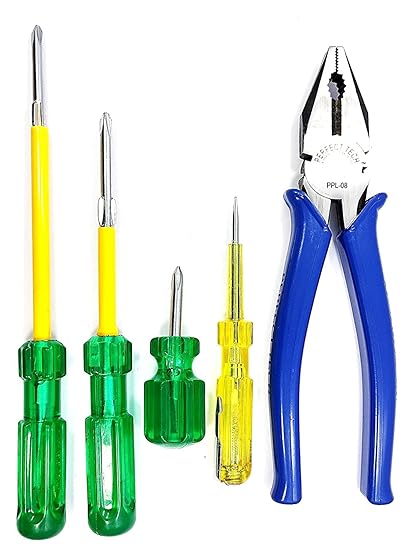 PERFECT TECH 5Pcs Set (1 Plier, 3 Screw Drivers, 1 Tester) Screw Driver 2 in 1 (Size 2
