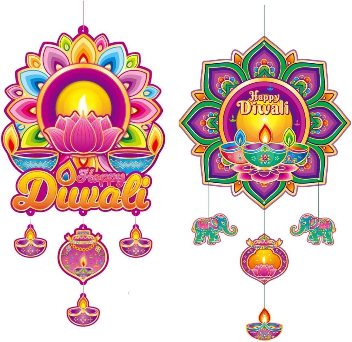KYMY Happy Diwali Hanging Ornaments Decorations, 2 Pcs Deepawali Rangoli Cardboard Welcome Door Signs with Hanging Rope, Indian Festival of Lights Wall Pendants for India Hindu Party Supplies