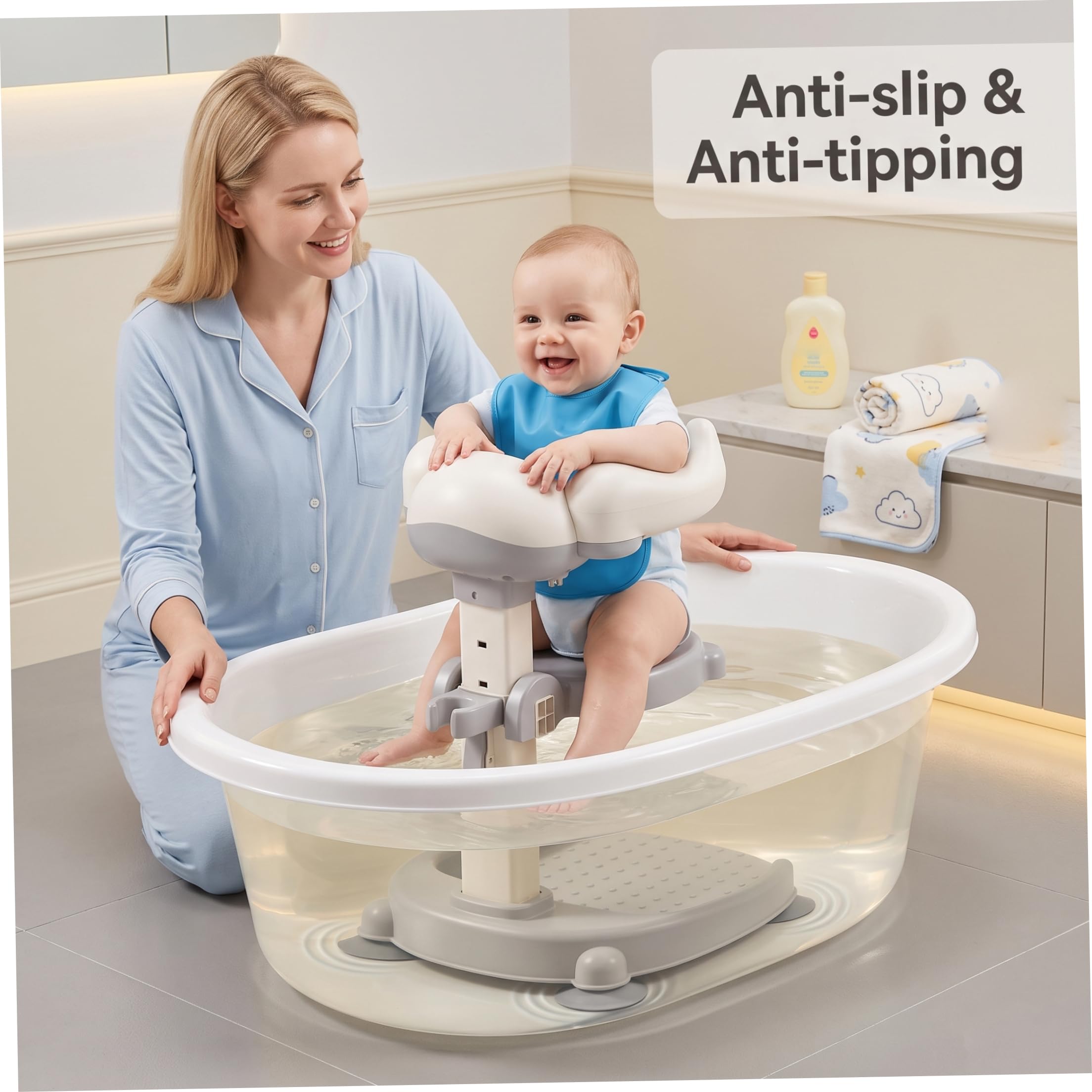 Supporto da bagno con sedile integrato, supporto antiscivolo per vasca da bagno per neonati e bambini piccoli da 8 a 36 mesi