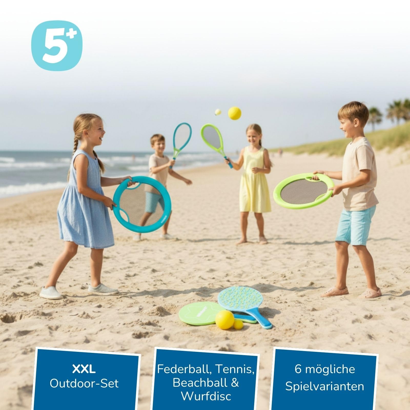 alldoro 68782 XXL Outdoor Spielset 3-in-1 - Beachball, Federball & Soft Tennis, 3 Rückschlagspiele für Garten & Strand, ab 5 Jahre