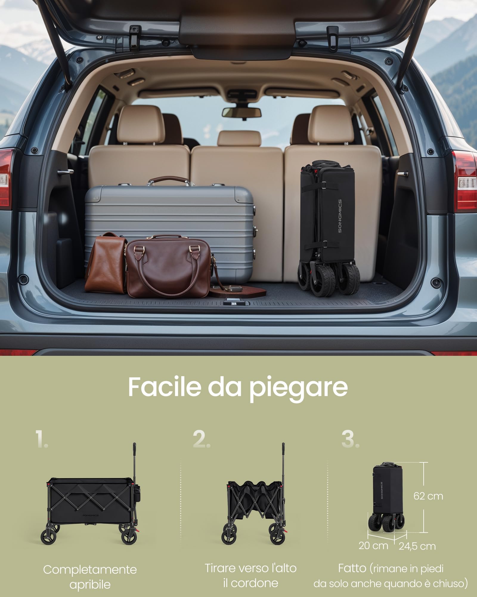 SONGMICS Carrello Spiaggia Pieghevole 150L, Carrellino da Trasporto 150 kg con Grandi Ruote Girevoli a 360°, 80,8 x 49,4 x 93,5 cm, per Campeggio e Spesa, Nero, Collezione Sandy GFW115B01