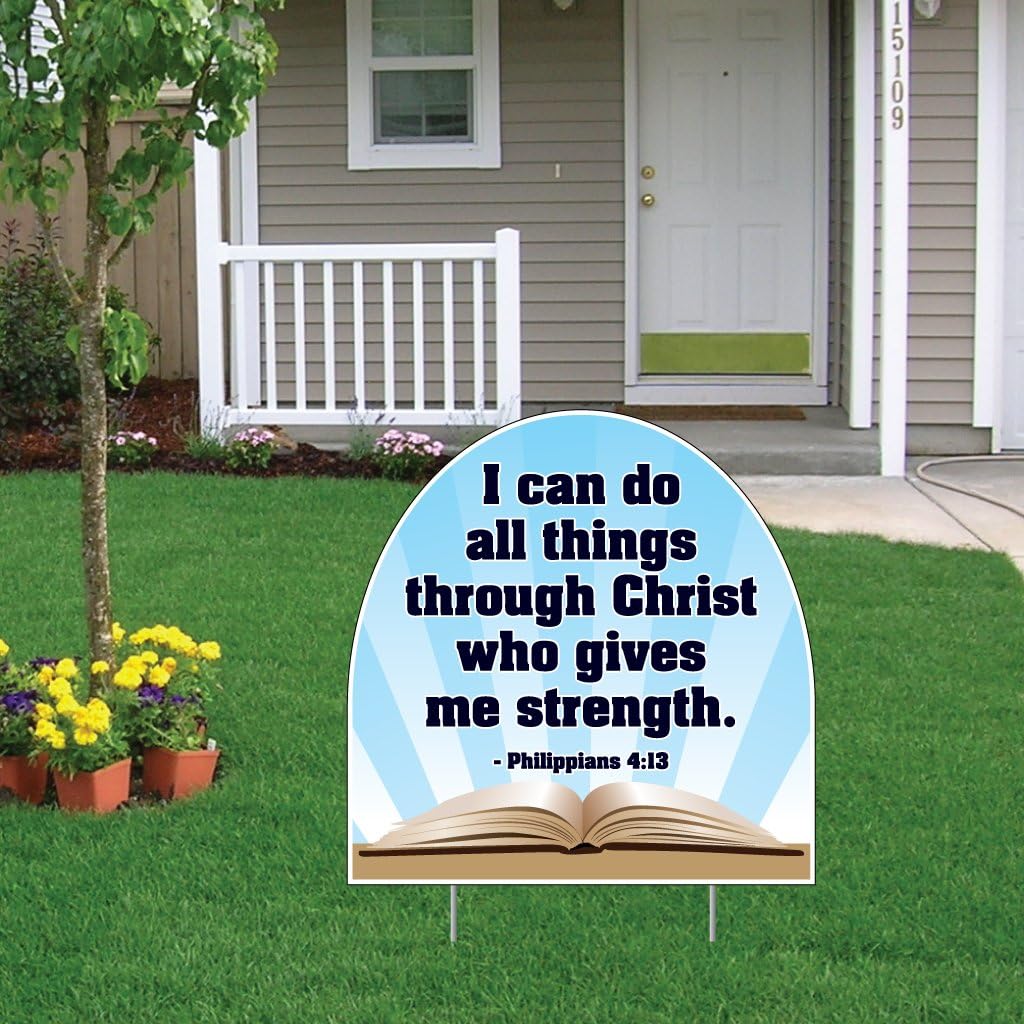 VictoryStore Yard Sign Outdoor Lawn Decorations: Christian Yard Sign - Philippians 4:13 - Corrugated Plastic Shaped Yard Sign w/ 2 E-Z Stakes