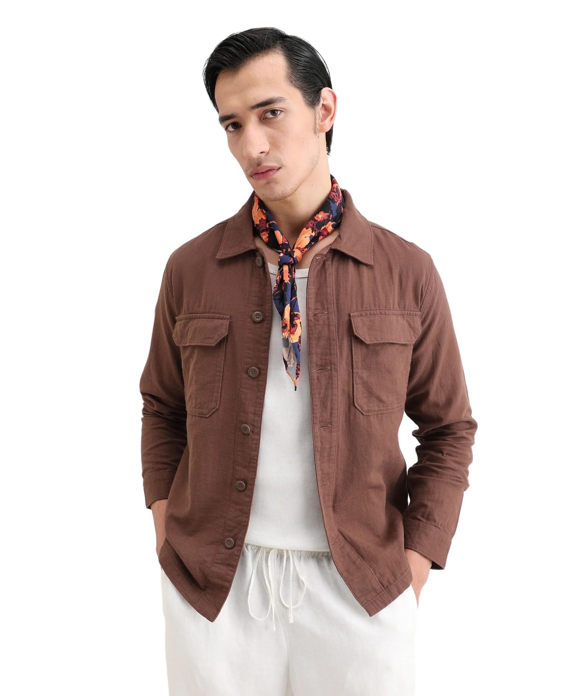 rare rabbit Men's Prest Regular Straight Solid Cotton Spread Collar Long Sleeve Shacket-picture-40