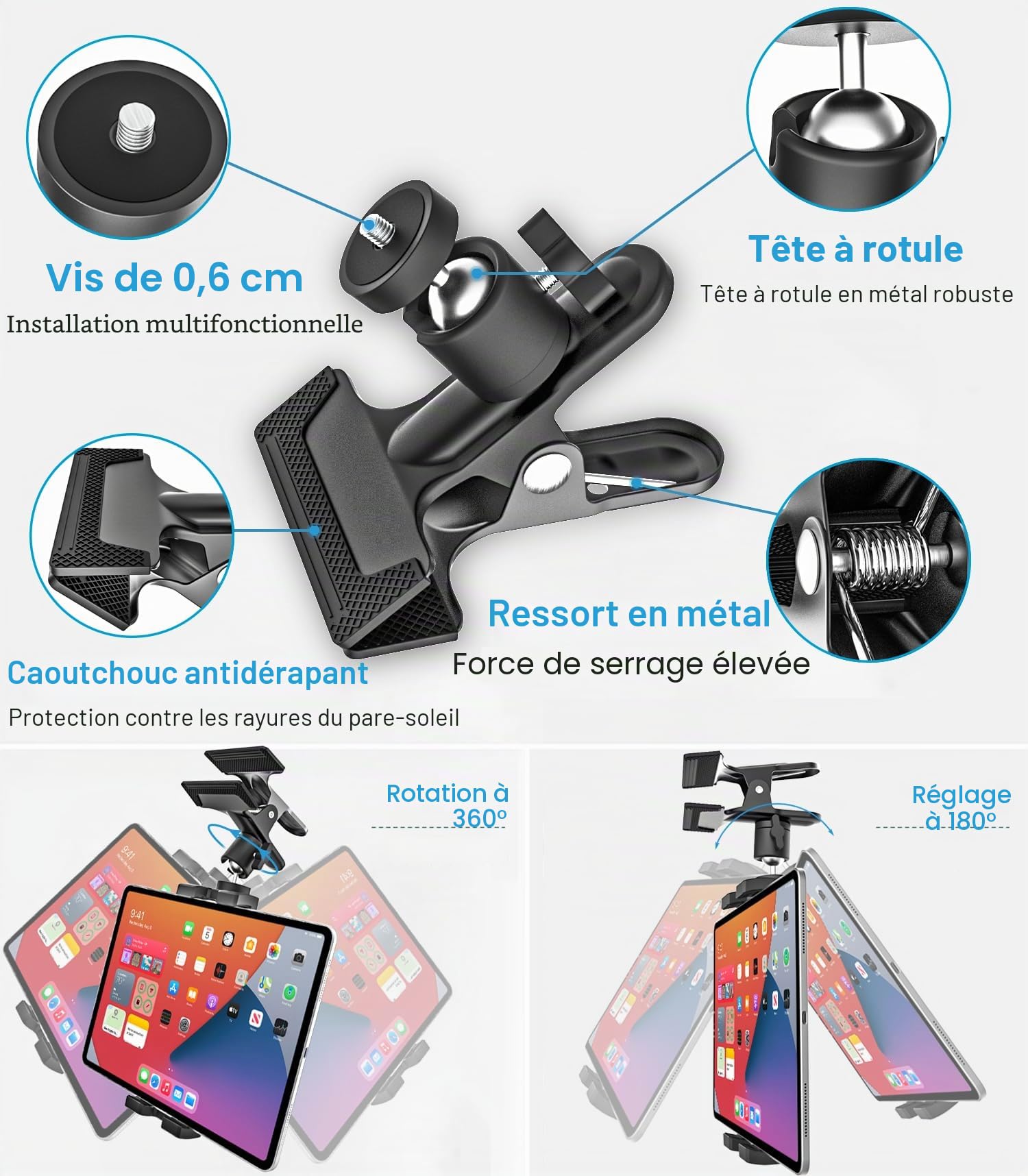 GDZN Support Tablette Voiture Pare Soleil pour 4-13" iPad Téléphone, Solide Support iPad Véhicule Visière avec Pince Métal pour iPad Pro Air Mini, Samsung Tab, Kindle Fire HD, Lenovo, iPhone