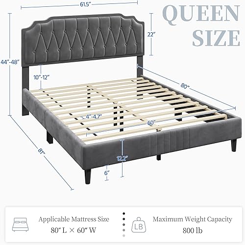 Miniatura 2 de Yaheetech Base de cama tapizada de terciopelo tamaño Queen con cabecera curvada plataforma con base de colchón listones de madera fuertes no
