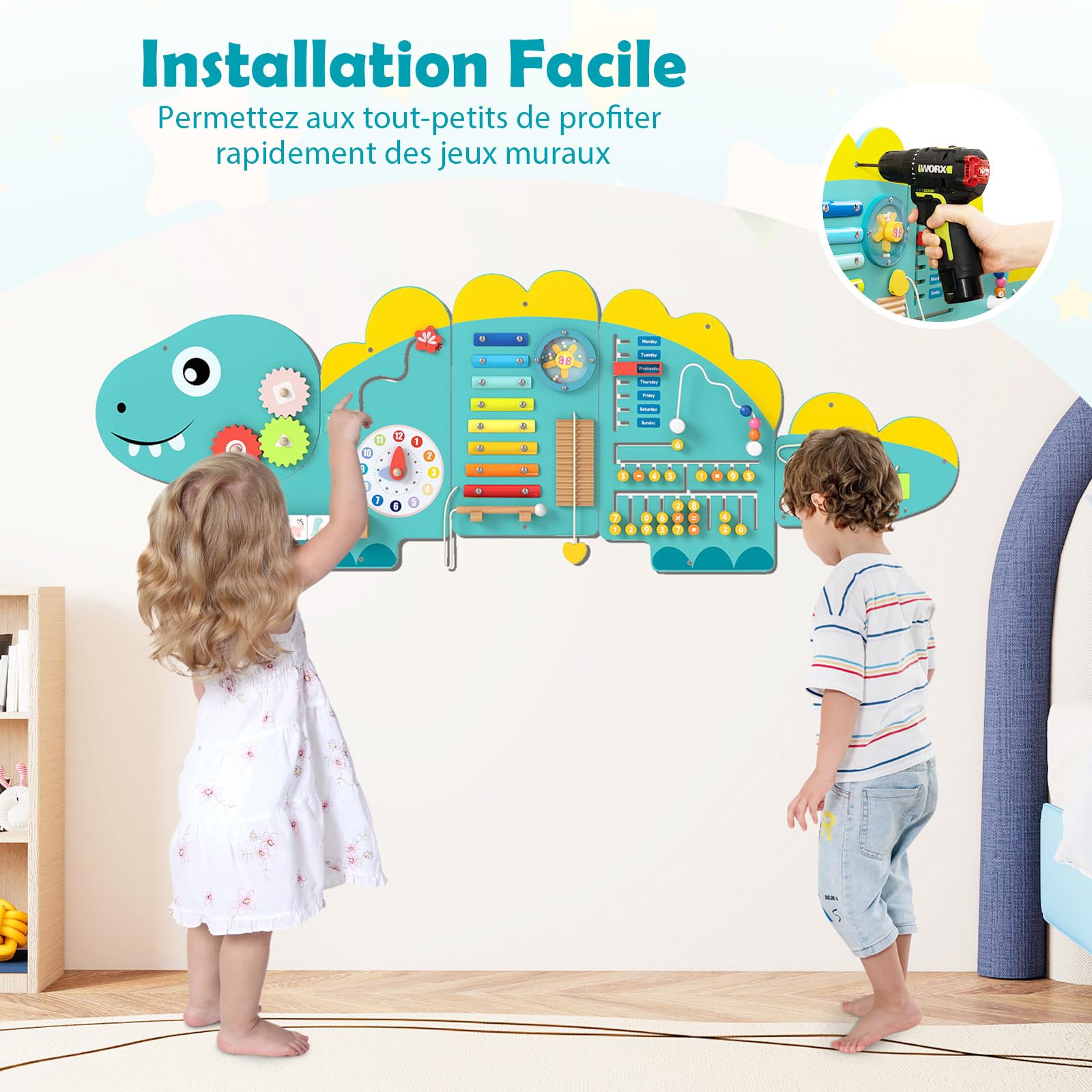 COSTWAY Busy Board Montessori en Forme Dinosaure avec 11 Jeux Sensoriel, Planche Tableau Activité Murale avec Xylophone & Horloge, Parcours Motricité Bébé pour Salle de Jeux, Crèche (Dinosaure Vert)