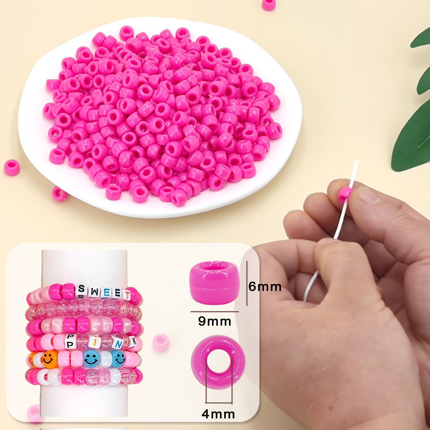 MIIIM 1200PCS 6x9mm Pony Beads Bulk, Hot Pink Pony Beads for Bracelets Making Kit, Kandi, Hair Braids Crafts for Jewelry Making (Hot Pink) - Image 3