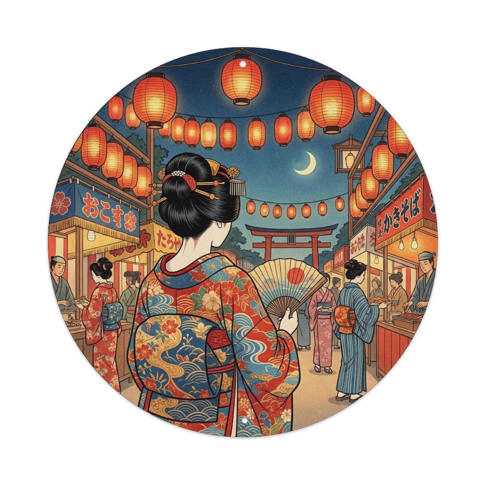 Yrnq 8X8inch Vintage Style Japanese Kimono Lady Festival Lantern Heritage Scene Metal Tin Sign