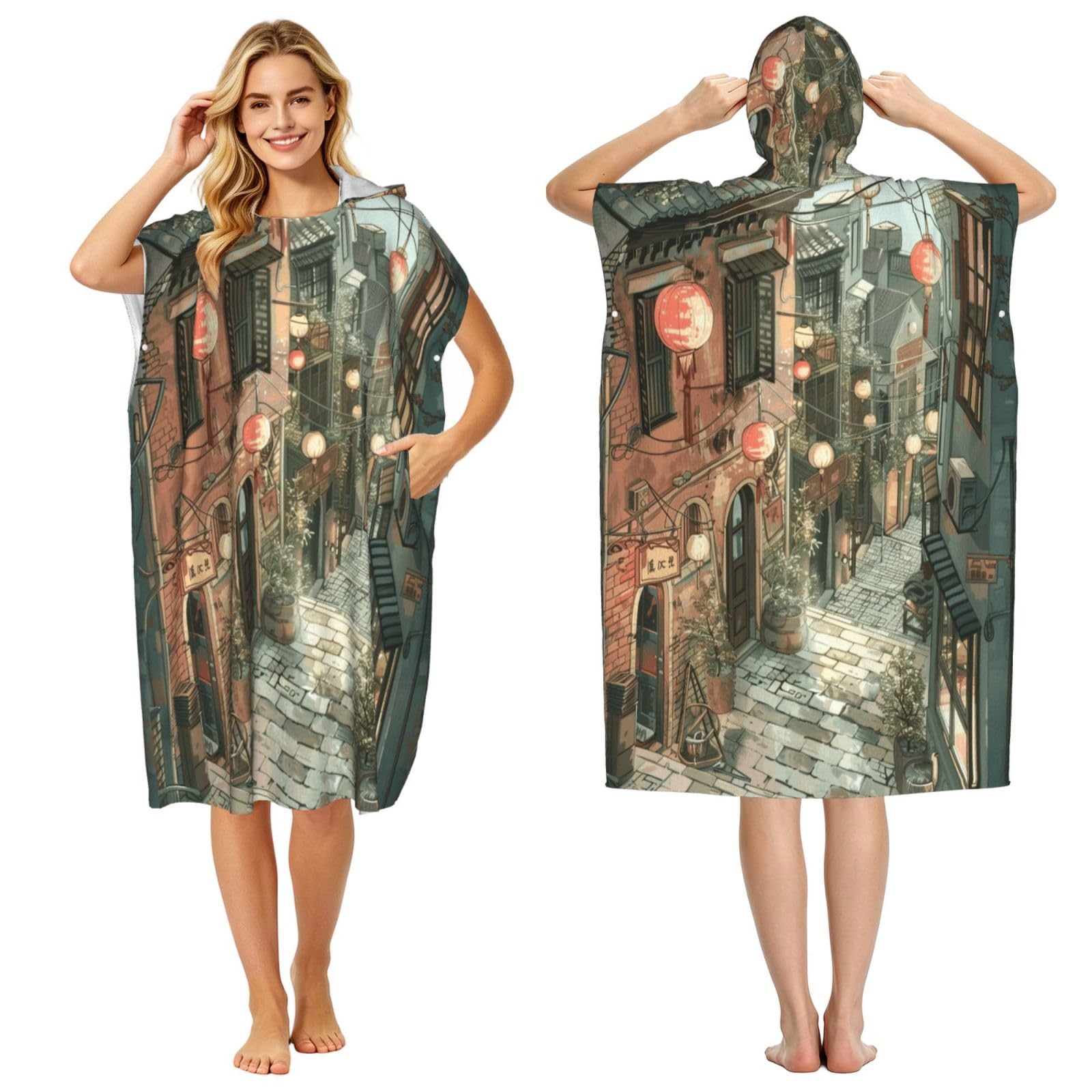 DTHKJNLSF Retro Street Adult Hooded Beach Poncho Towel