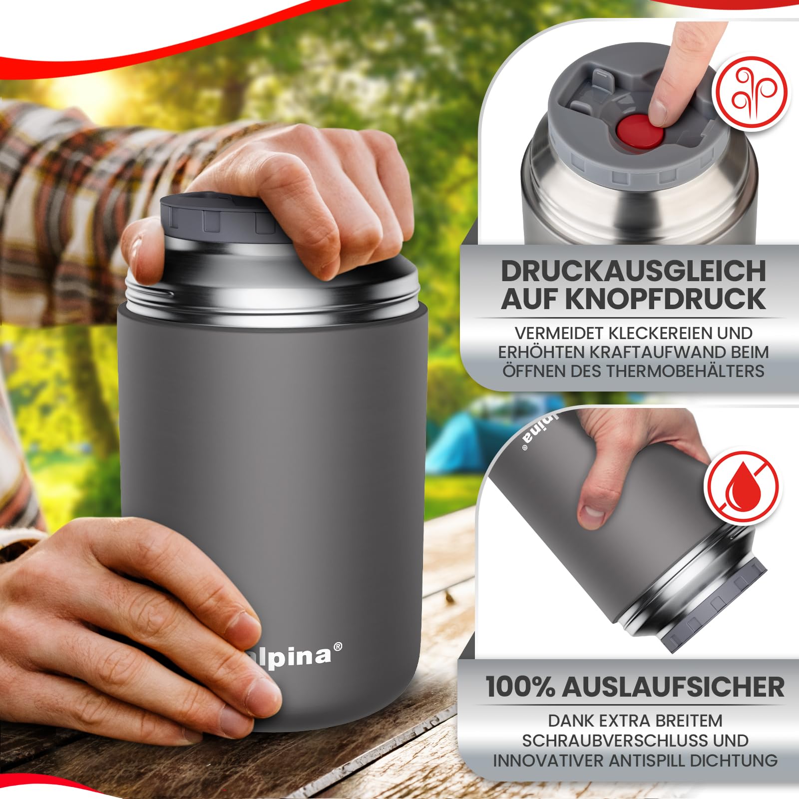 alpina contenitori ermetici per alimenti – tazza termica 730 ml lavabile in lavastoviglie con compensazione pressione - Cibi caldi e freddi a lungo I Borraccia termica in acciaio inox senza BPA