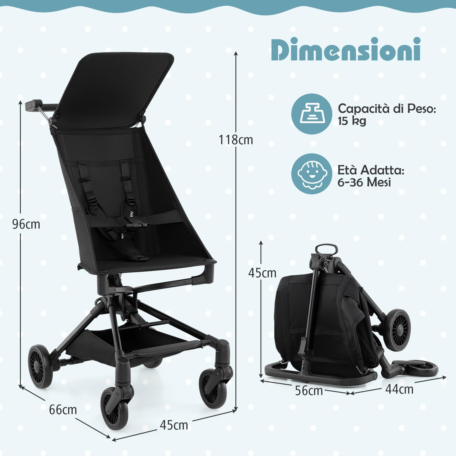 RELAX4LIFE Passeggino Leggero,Pieghevole con Tettuccio Regolabile e Cestino Portaoggetti, Compatto con Chiusura a Una Mano, Adatto per Viaggi in Aereo, per Bambini 6-36 Mesi