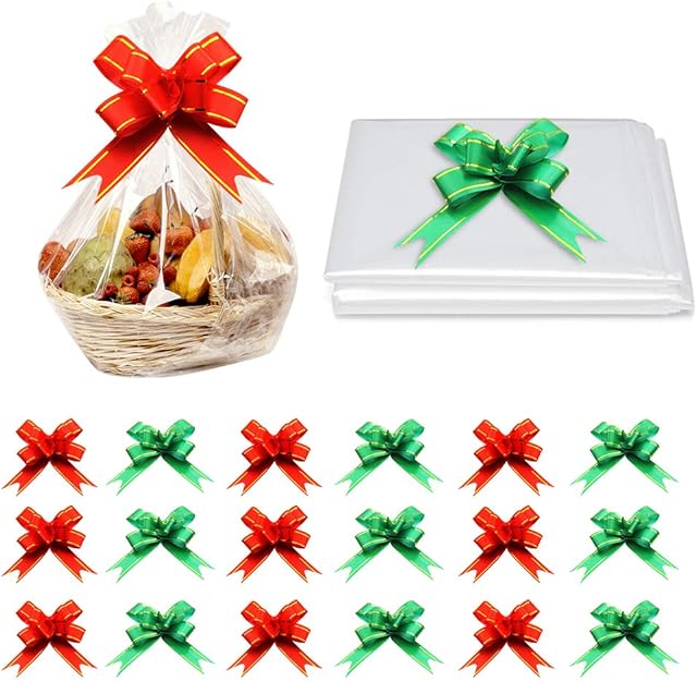 20 pcs Cellophane Basket Bags Extra Large 20 pcs Pull Bow Set. Christmas Clear Basket Bags Celaphane Wrapping Large Cellophane Wrap Bags for Gifts Packaging Hamper Making, Treat 30 x 40 Inches