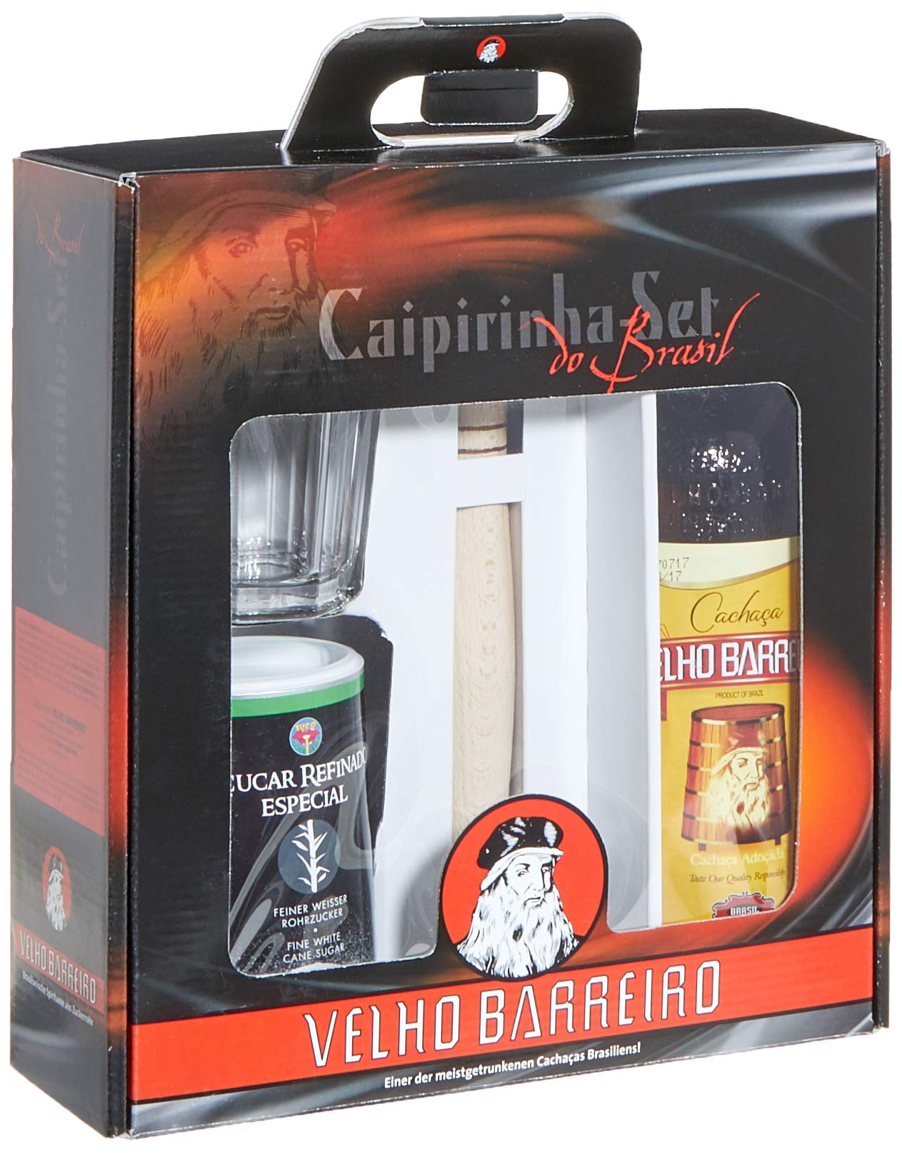 Velho Barreiro Caipi-Set II-Caiprinha Bundel, Cachaca, Rohrzucker, Stampfer, Glas in Geschenkverpackung (1 x 0.7 l)