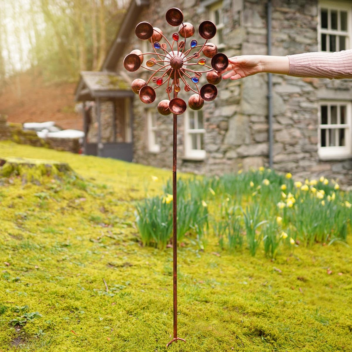 Festive Lights - 1.3m 4.3ft Venti Bronze Solar Garden Wind Spinner - Multi-Coloured LED, Crackle Glass Ball, Weather-Resistant - IP44 Outdoor Light with Spinning Arms & Sturdy Ground Stake