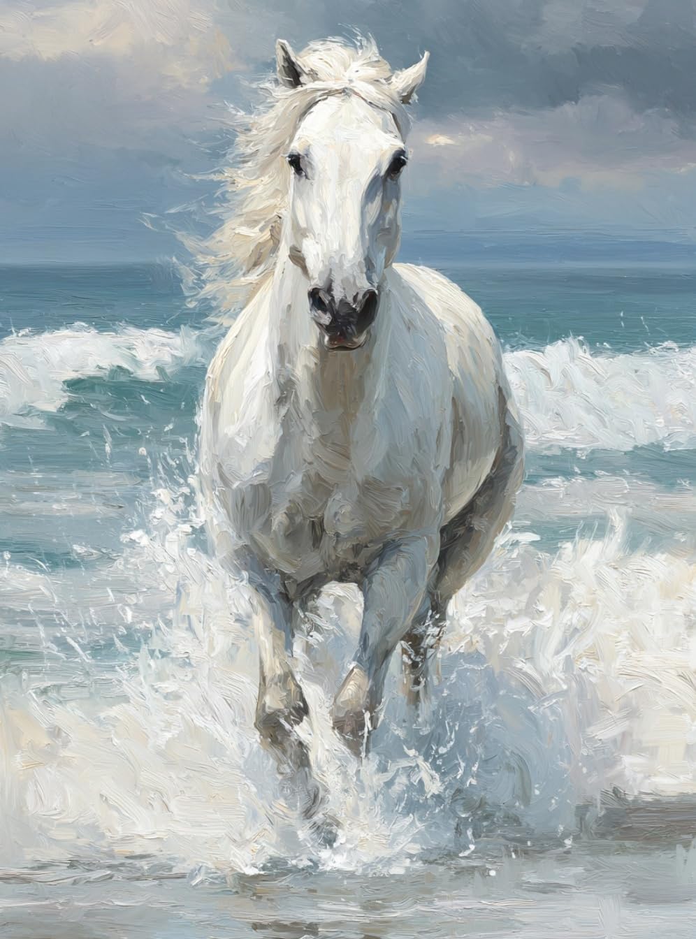 WANGWANGMIAO Paint by Numbers for Adults,40x50 cm White Horse Waves Acrylic Oil Painting by Numbers for Beginner Paints Kit with 3 Brushes Paint by Numbers Canvas Kits for Gift，with Frame