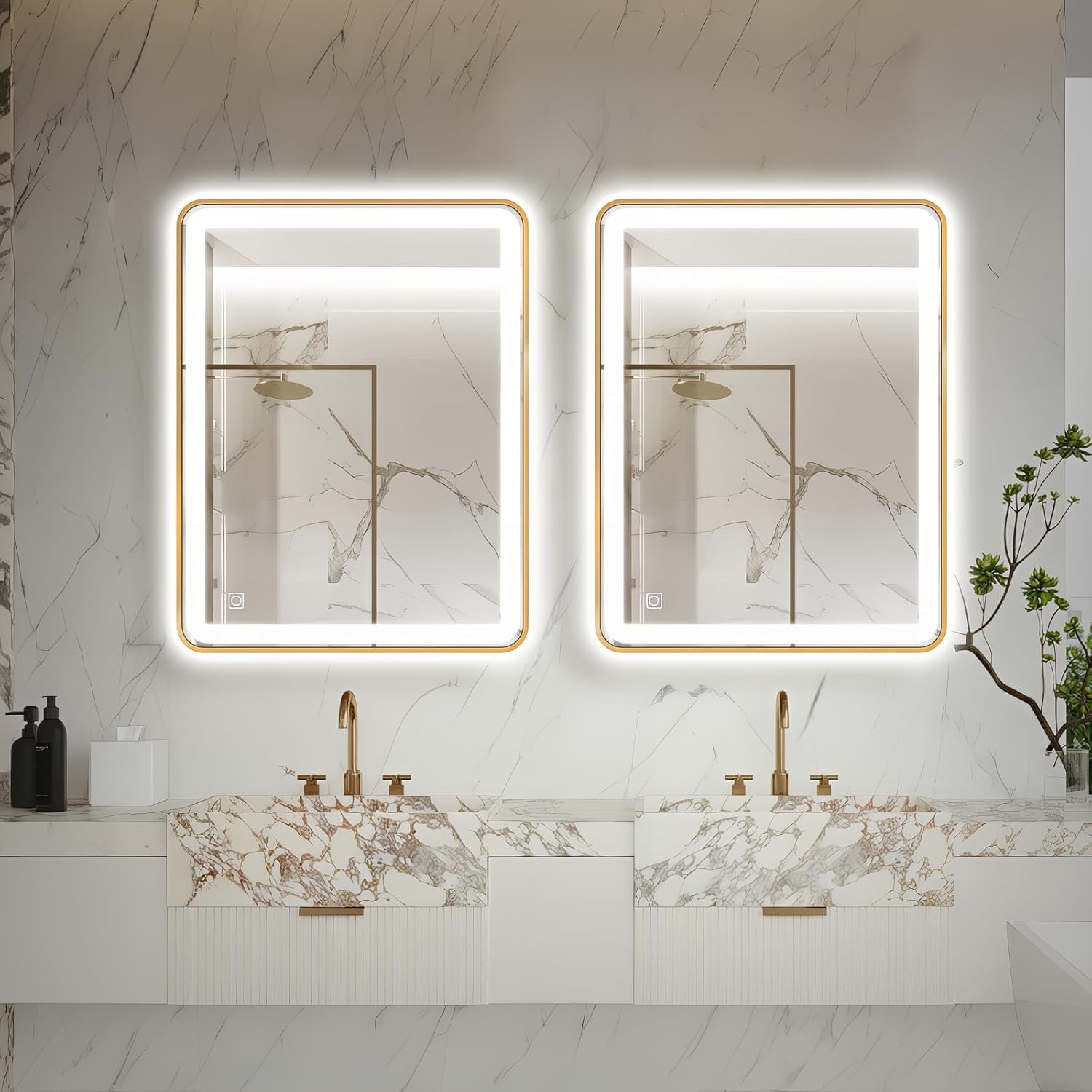 LED Bathroom Mirror, 36"x28" Rectangle Metal Framed Vanity Mirror, Anti-Fog Wall Mirror with 3-Color Adjustable Warm/Natural/White Light, 6000k-3000k CT, Horizontal&Vertical, Gold