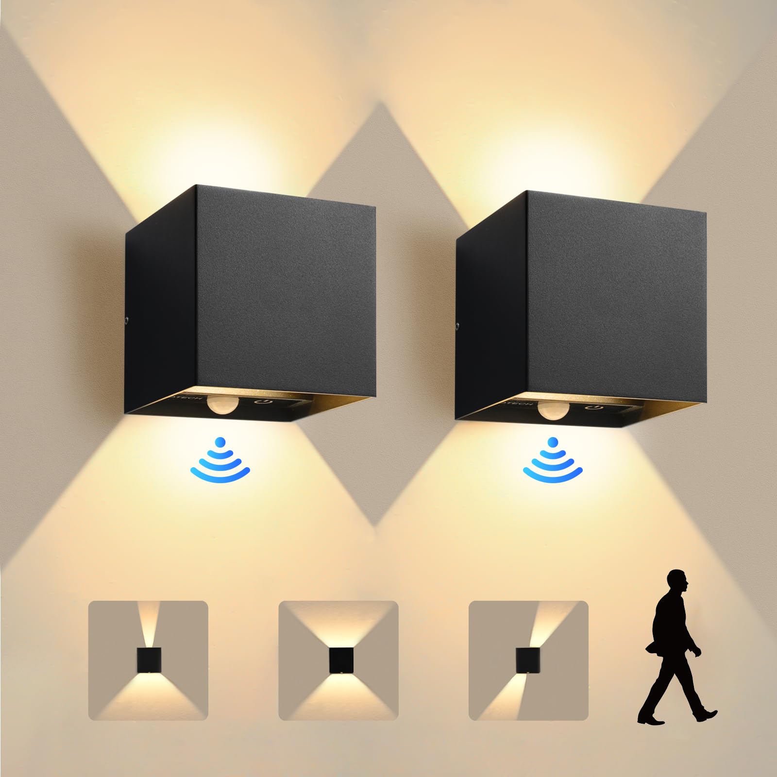 KYOTECH 2 Pièce Applique Murale avec Détecteur de Mouvement 12W Éclairage Mural Etanche IP65 1320LM Noir Angle de Faisceau Réglable Wandlampe Interieur/Exterieur,Murale avec Contrôle Tactile